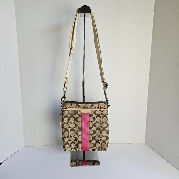 Coach Signature Canvas Crossbody Bag with Pink Stripe Accent – Classic Monogram - Picture 1 of 16